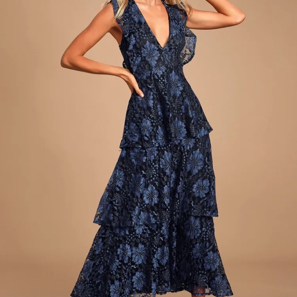 Molinetto Navy Blue Lace Ruffled Tiered Sleeveless Maxi Dress